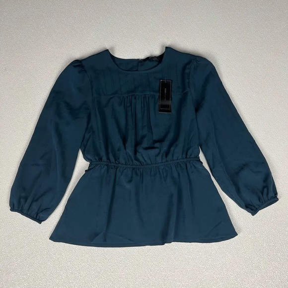 Bcbgmaxazria Ruched Bishop Sleeve Peplum Top Midnight Size XS NWT - Picture 5 of 12